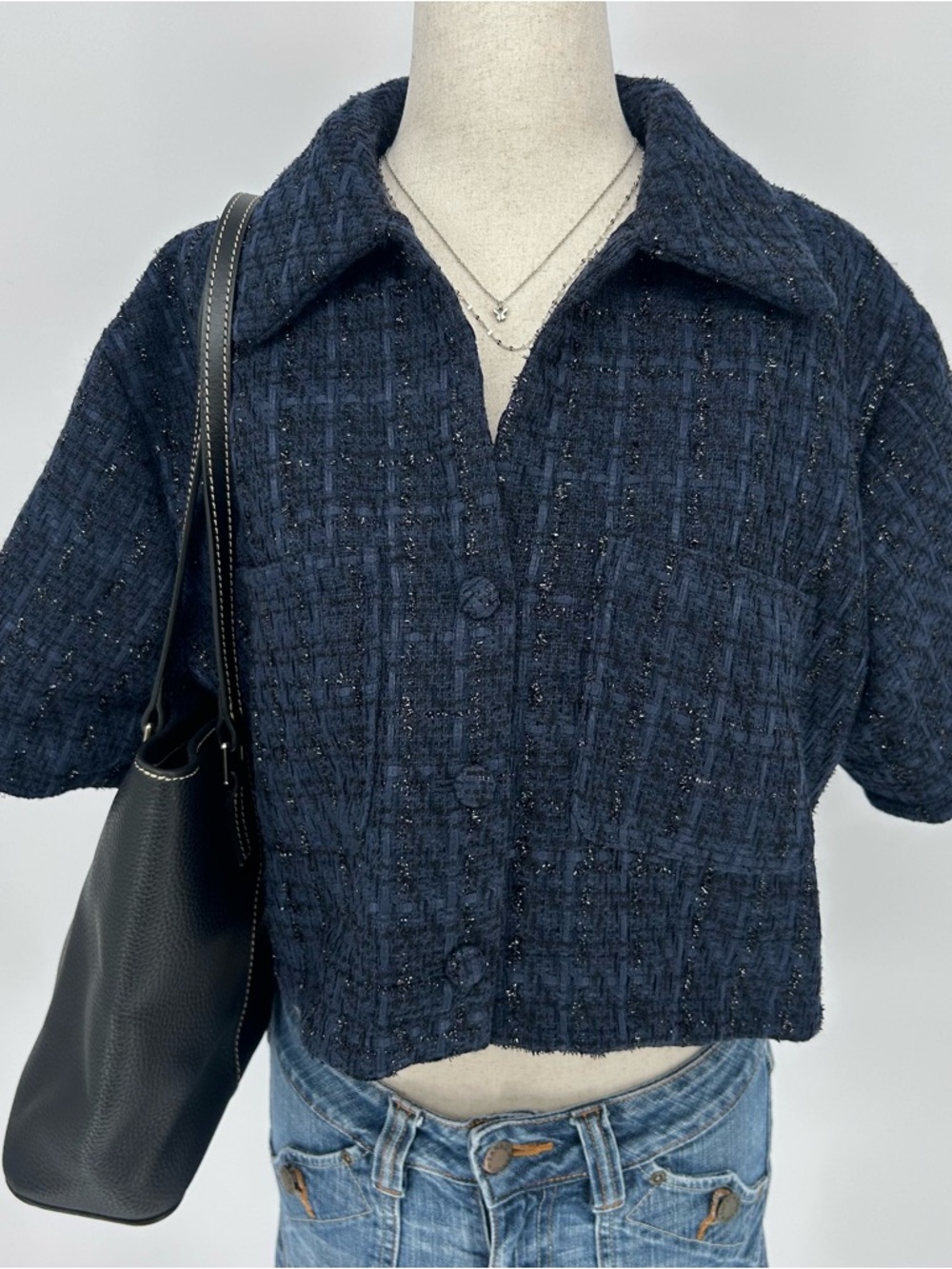 Navy Tweed Cropped Jacket Top It Girl Button Up Y2K